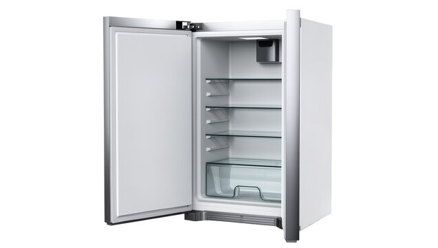 Open modern stainless steel mini fridge with glass shelves, isolated on transparent background