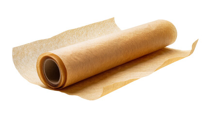 Fototapeta premium Rolled baking parchment paper unrolling onto a surface, isolated on transparent background