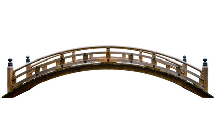 Curved wooden garden bridge with railings, isolated on transparent background