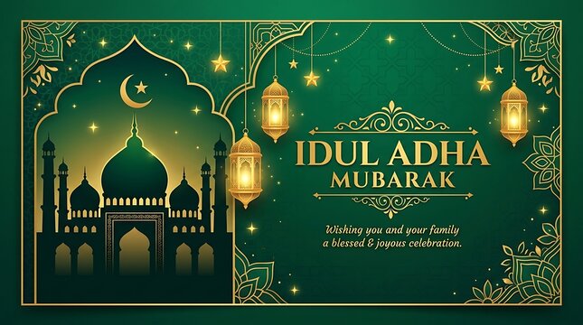 Idul adha mubarak celebration banner islamic festival with lanterns and mosque