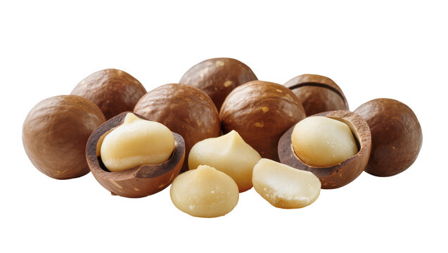 Heap of whole and shelled macadamia nuts, isolated on transparent background