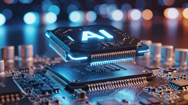 AI chip on circuit board with glowing lights for commercial backgrounds, digital design, and advertising