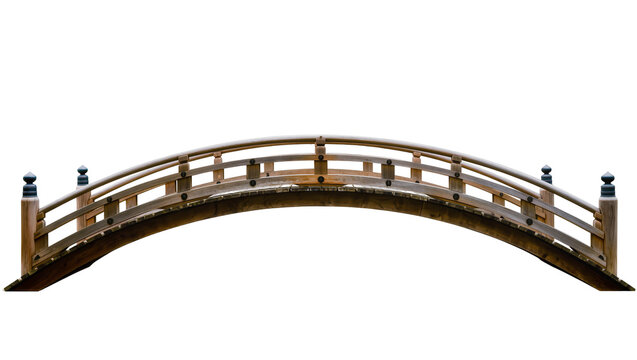 Curved wooden garden bridge with railings, isolated on transparent background