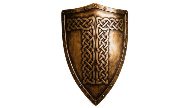 Ornate bronze medieval shield with celtic knot design, isolated on transparent background
