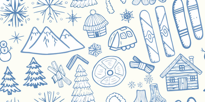 Winter themed doodles featuring snow mountains and cozy objects