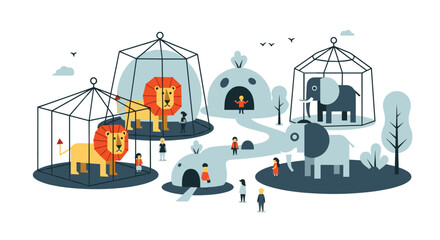 Naklejka premium Charming flat design vector illustration of a zoo with happy visitors observing lions and elephants in their designated habitats.