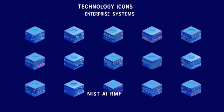 Isometric blue technology icons representing enterprise systems and ai risk management