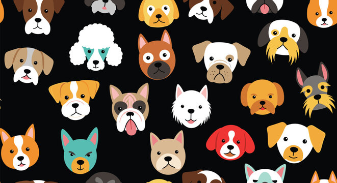 Seamless pattern with a diverse collection of cute cartoon dog faces from various breeds on a dark background for pet lovers.