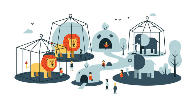 Charming flat design vector illustration of a zoo with happy visitors observing lions and elephants in their designated habitats.