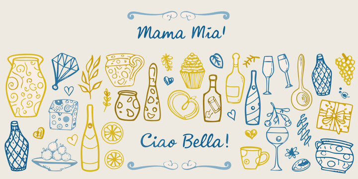 Hand drawn illustration featuring celebratory items like champagne cakes and gifts