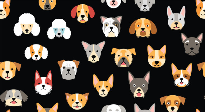 Seamless pattern background with a fun and diverse collection of cute cartoon dog faces from many different breeds for pet lovers.