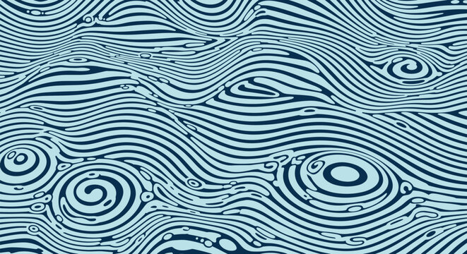 An abstract seamless pattern of stylized blue and black wavy lines creating a dynamic texture similar to wood grain or water.