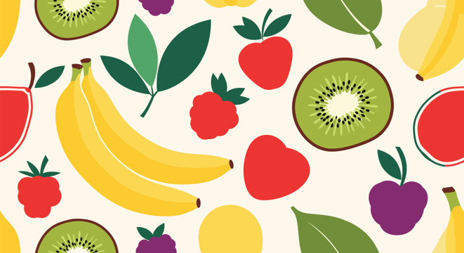 A bright and healthy seamless pattern of assorted fresh fruits including kiwi banana strawberry and apple in a fun design.