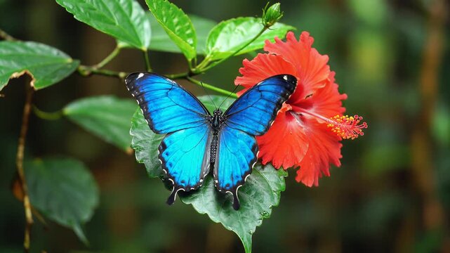 Blue Morpho Butterfly Resting on a Vibrant Red Hibiscus Flower
