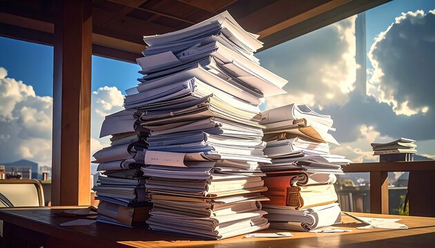 Overwhelming stack of documents on a wood table with sky view