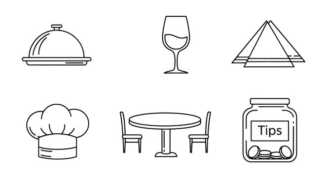Restaurant Icons: Food Cloche, Wine Glass, Napkins, Chef Hat, Table, and Tip Jar