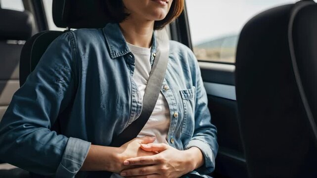 Woman experiencing stomach pain in car. Female passenger suffering from nausea or motion sickness during a road trip. Health discomfort concept