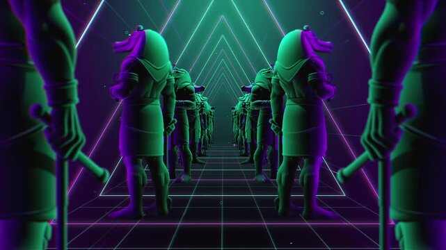 4K seamless turquoise and lilac VJ loop tunnel featuring a stylized, geometric 3D Sobek deity figure with glowing circuits for VJ sets, stage screens, electronic music festivals and LED video walls