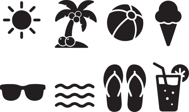 Summer vacation icons featuring sunglasses, flip flops, and tropical symbols in black vector graphic design