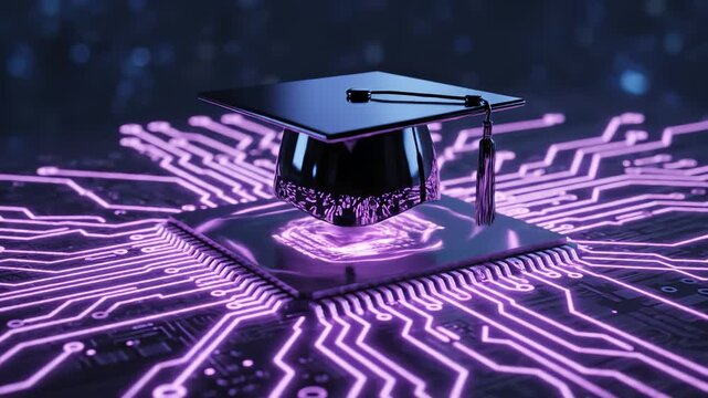 Graduation cap on glowing circuit board for commercial backgrounds, digital design, and advertising
