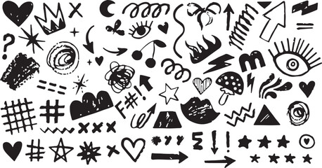 Obraz premium Hand drawn vector graphic illustration of various doodle symbols and shapes on white background