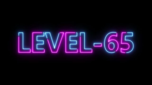 Abstract neon level 65 number 4k animation. Level 65 neon text. Neon level up sign. motion graphic perfect for social media content. black background 4k animation.