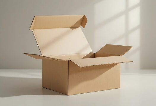 An open brown cardboard box sits on a light-colored surface with soft window light shadows. box mockup photoshop