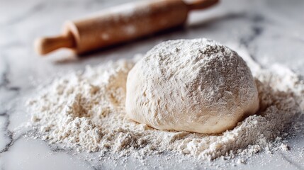 Fototapeta premium A dough ball sits on a marble surface surrounded by flour. A rolling pin is placed nearby. This scene shows the process of preparing for baking in a kitchen