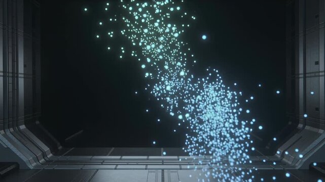 Glowing spheres interact in a dark futuristic setting, representing data connection.