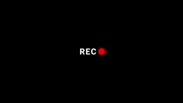 Camera recording sign on a black screen.  rec text camera recording icon blink animation, button with blinking red circle animation. 4K video.