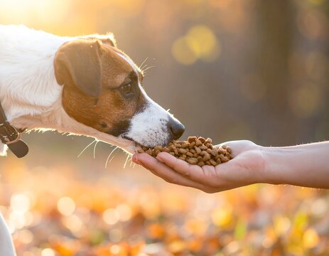Dog eats food from hand, warm light, blurred fall leaves
