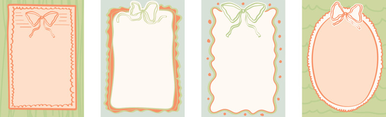 Fototapeta premium Retro hand drawn frames with decorative bows and scalloped borders for cottagecore junk journal and scrapbooking stickers