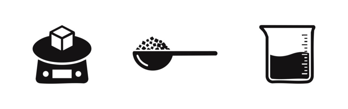 Set of minimalist black icons representing measurement tools: a kitchen scale, a measuring spoon with granules, and a graduated beaker with liquid.