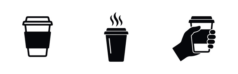Set of minimalist black icons featuring disposable coffee cups, one with steam and another held by a hand. Perfect for cafe branding and web design. © Lili