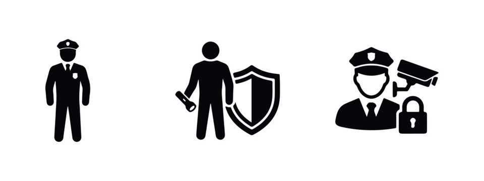 Set of security icons featuring a guard in uniform, a watchman with a shield and flashlight, and surveillance symbols like a CCTV camera and padlock.