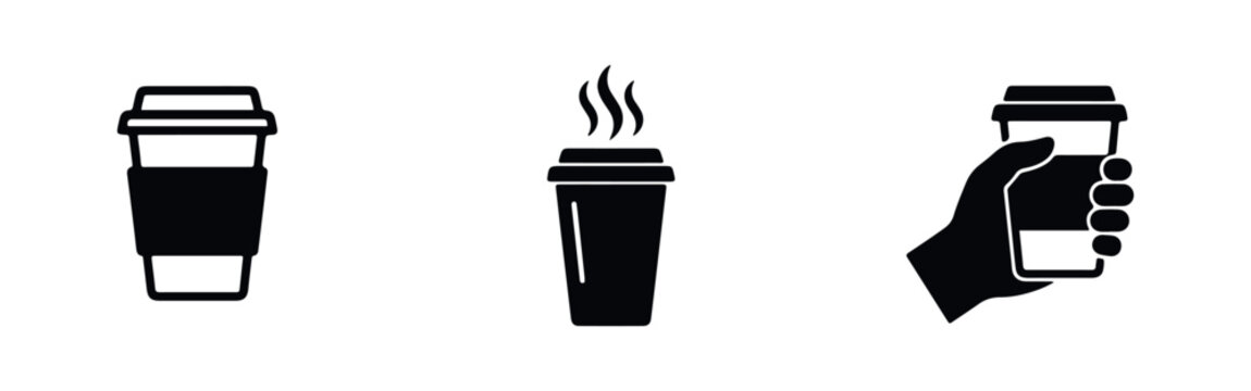Set of minimalist black icons featuring disposable coffee cups, one with steam and another held by a hand. Perfect for cafe branding and web design.