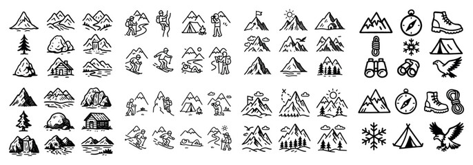 Fototapeta premium Mountain icons with peak tent and boot outline