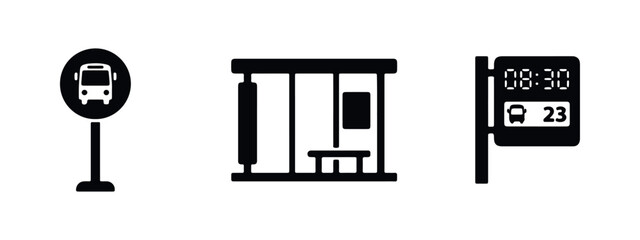 Set of three minimalist black icons for public transport: a bus stop sign, a passenger shelter, and a digital arrival time display board. © Lili