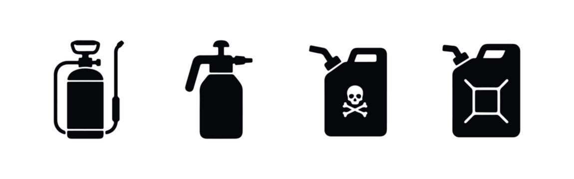 Minimalist black silhouette icons of garden pressure sprayers and chemical canisters, perfect for pest control and agricultural design themes.
