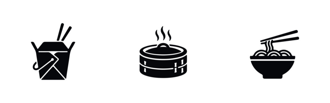 Set of minimalist black icons representing Asian cuisine: a Chinese takeout box, steaming dim sum basket, and ramen noodle bowl with chopsticks.