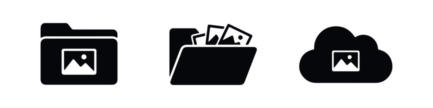 Set of minimalist black icons representing photo folders, an image gallery, and cloud storage for digital assets and photography organization.