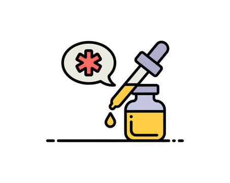 A dropper bottle with a red asterisk symbol in a speech bubble, representing a medical or health-related concept in a simple, flat vector illustration.