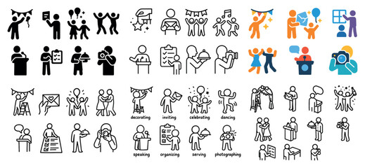 Fototapeta premium Celebration icons with people party camera outline