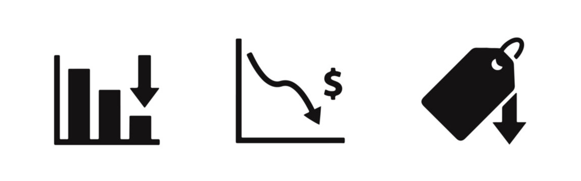 Set of black icons representing economic decline, falling stock market graphs, and lower prices with a tag, isolated on a white background.