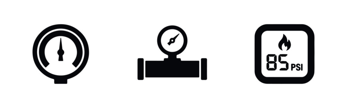 Set of three black icons representing pressure measurement, including analog gauges, a pipe manometer, and a digital boiler pressure display.