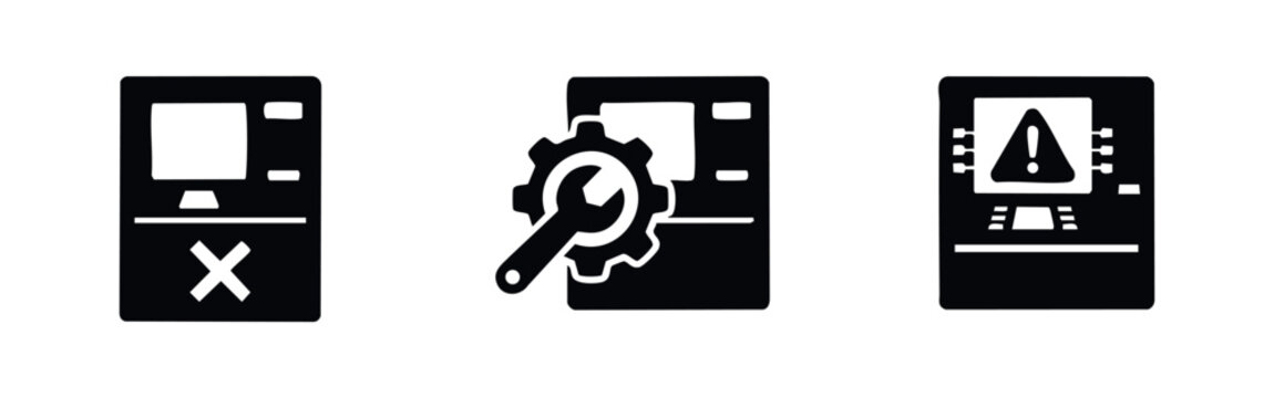 ATM error and maintenance icon set showing out-of-service, repair with wrench and gear, and technical warning alert symbols in flat black style.
