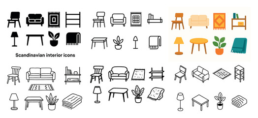 Fototapeta premium Scandinavian interior icons with chair sofa plant flat