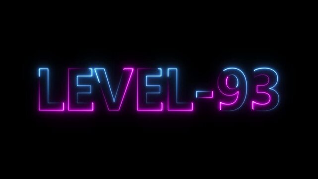 Abstract neon level 93 number 4k animation. Level 93 neon text. Neon level up sign. motion graphic perfect for social media content. black background 4k animation.