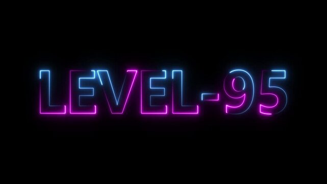 Abstract neon level 95 number 4k animation. Level 95 neon text. Neon level up sign. motion graphic perfect for social media content. black background 4k animation.