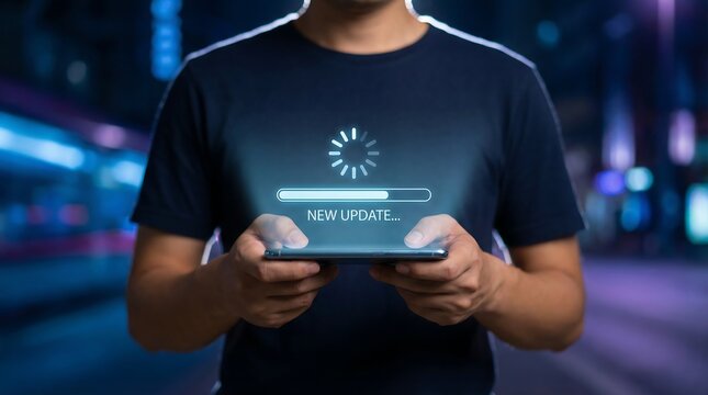 A person holds a smartphone displaying a "New Update..." progress bar, surrounded by a subtle light glow, signifying an ongoing software installation against a blurred background.